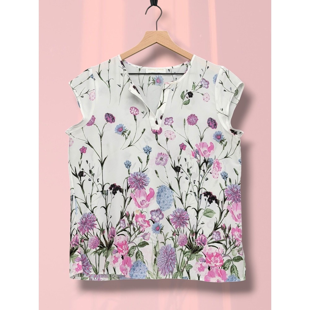 Adrienne Vittadini Studio Floral Print Cap Sleeve V-Neck Top White Multi Size M